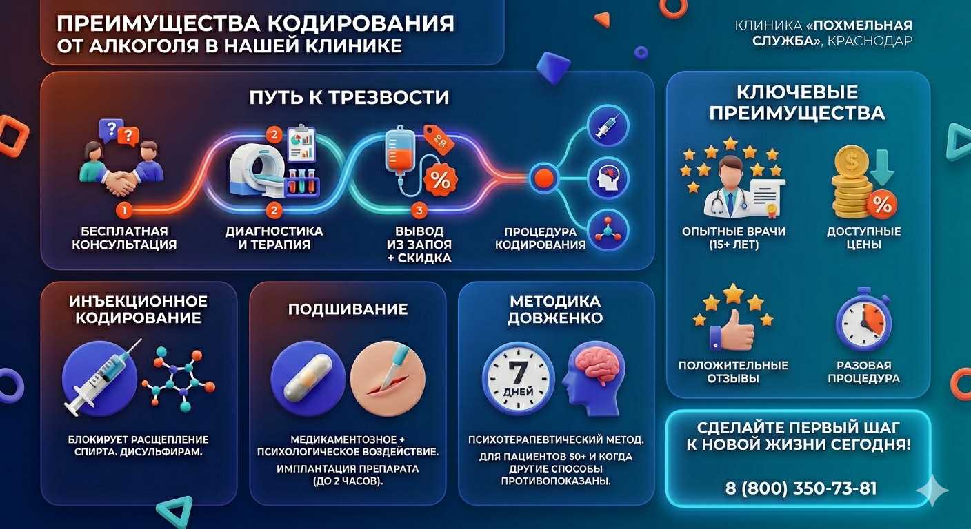 Инфографика о методах кодирования от алкоголя в Фокино: инъекции, подшивание, метод Довженко. Преимущества клиники и этапы лечения.