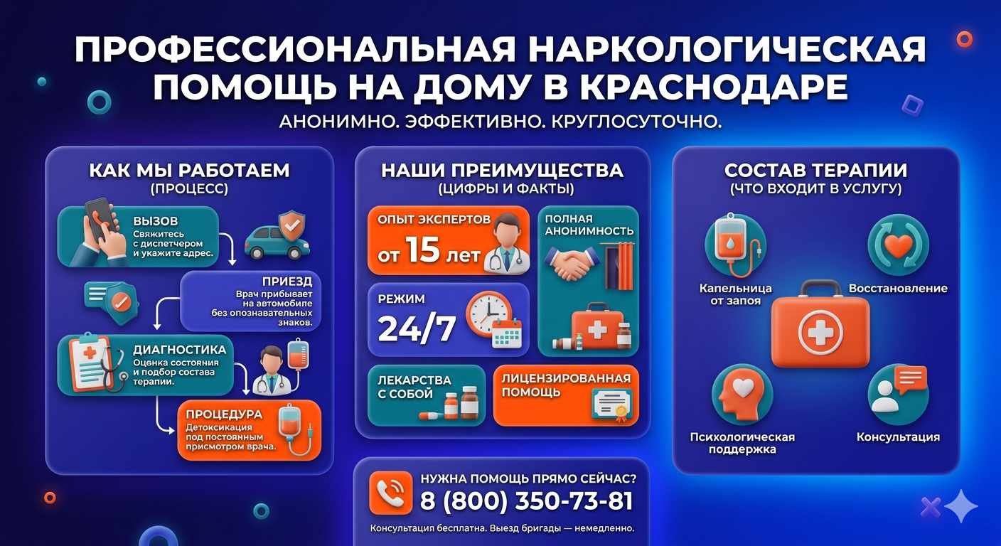 Инфографика о принципах лечения алкоголизма на дому в Фокино: этапы вызова нарколога, преимущества анонимной детоксикации и состав медицинской помощи.